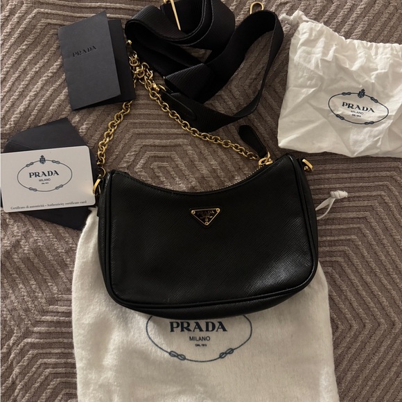 Prada Handbags - Prada Black Saffiano Shoulder Bag with removable Gold Chain